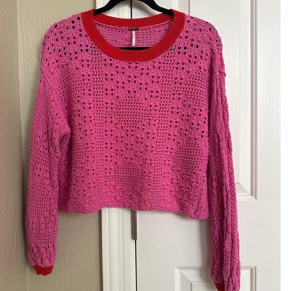 Free People Bright Pink Red Home Run Crop Sweater Pullover Contrast Neck Cuff XS - Picture 3 of 7